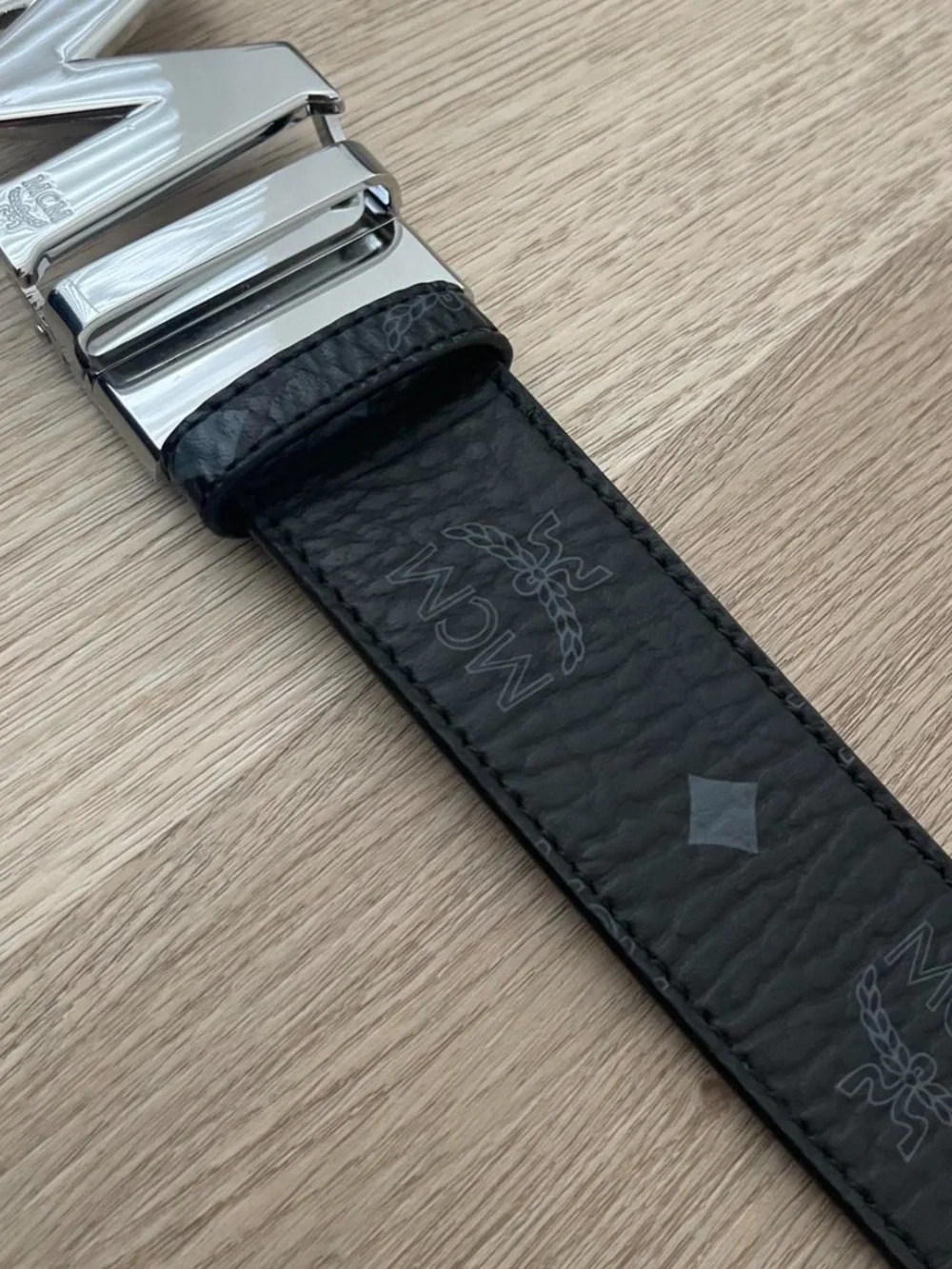 MCM Men's Gray Textured Leather Belt with Silver 'M' Buckle